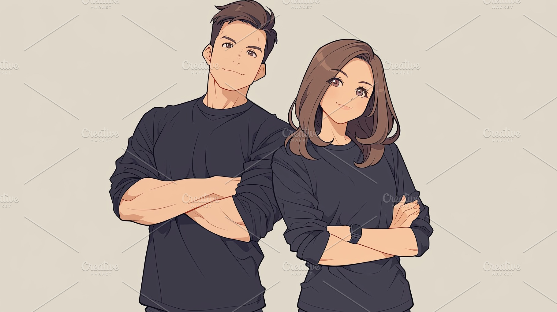 Smiling young couple with arms crossed wearing casual clothes posing confidentl, a Photo by AS photostudio