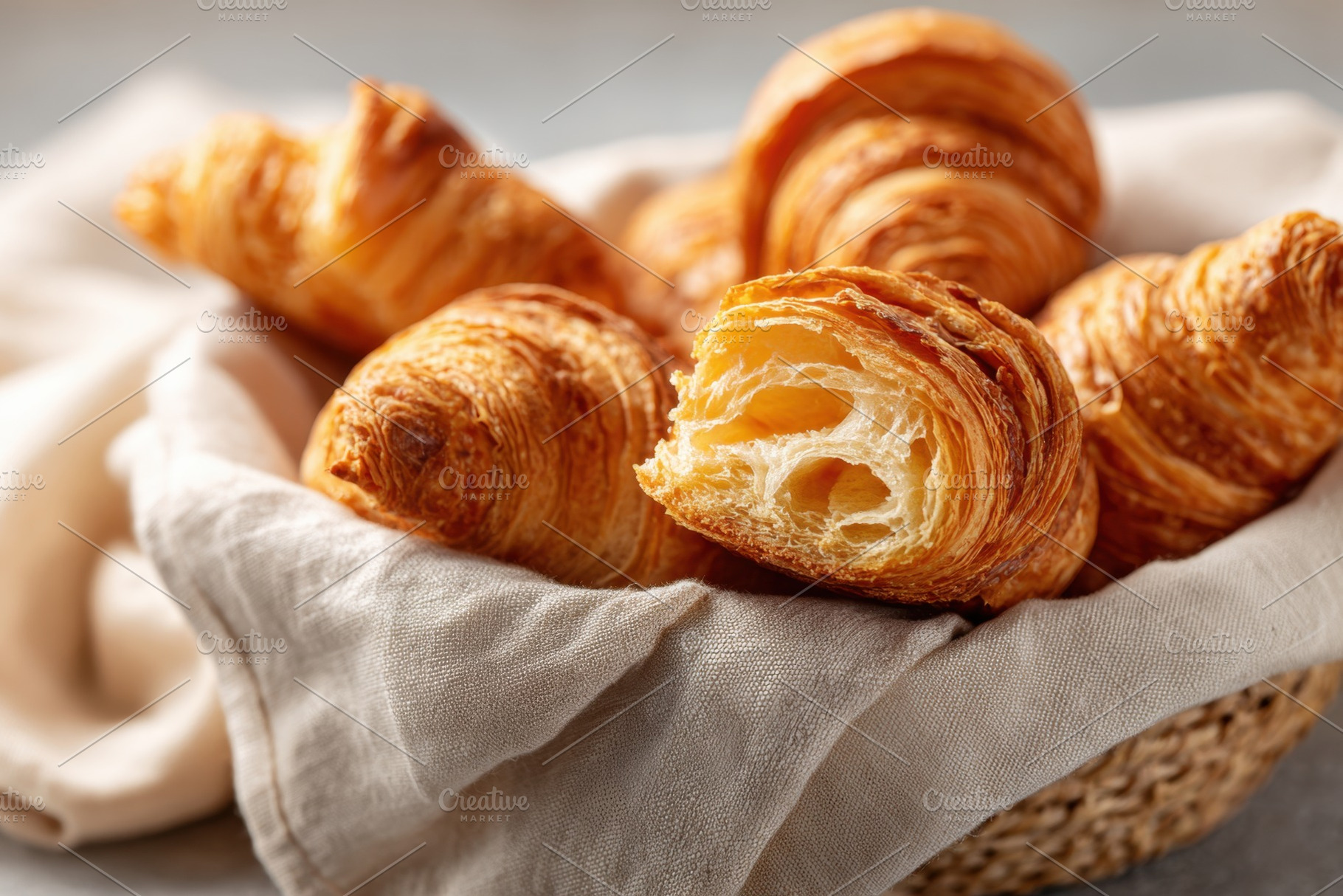 Fresh baked croissants in basket, a Food & Drink Photo by AlyaAnd