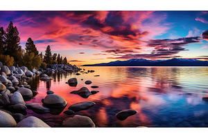 sunwater lake tahoe sunset ai, a Nature Photo by pikepicture