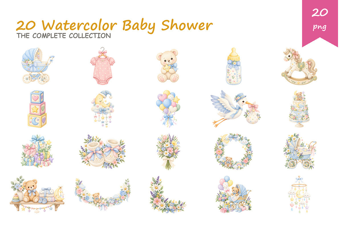 Watercolor Baby Shower Clipart, a Decorative Illustration by BerryPieArt (Photo 2 of 4)