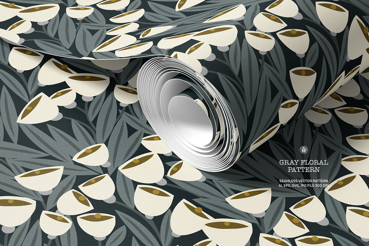 Gray Floral Wallpaper, a Wallpaper Graphic by Bloomart Studio
