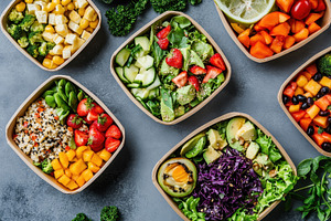 Fresh poke bowls, Buddha bowls, a Photo by Pavel_design