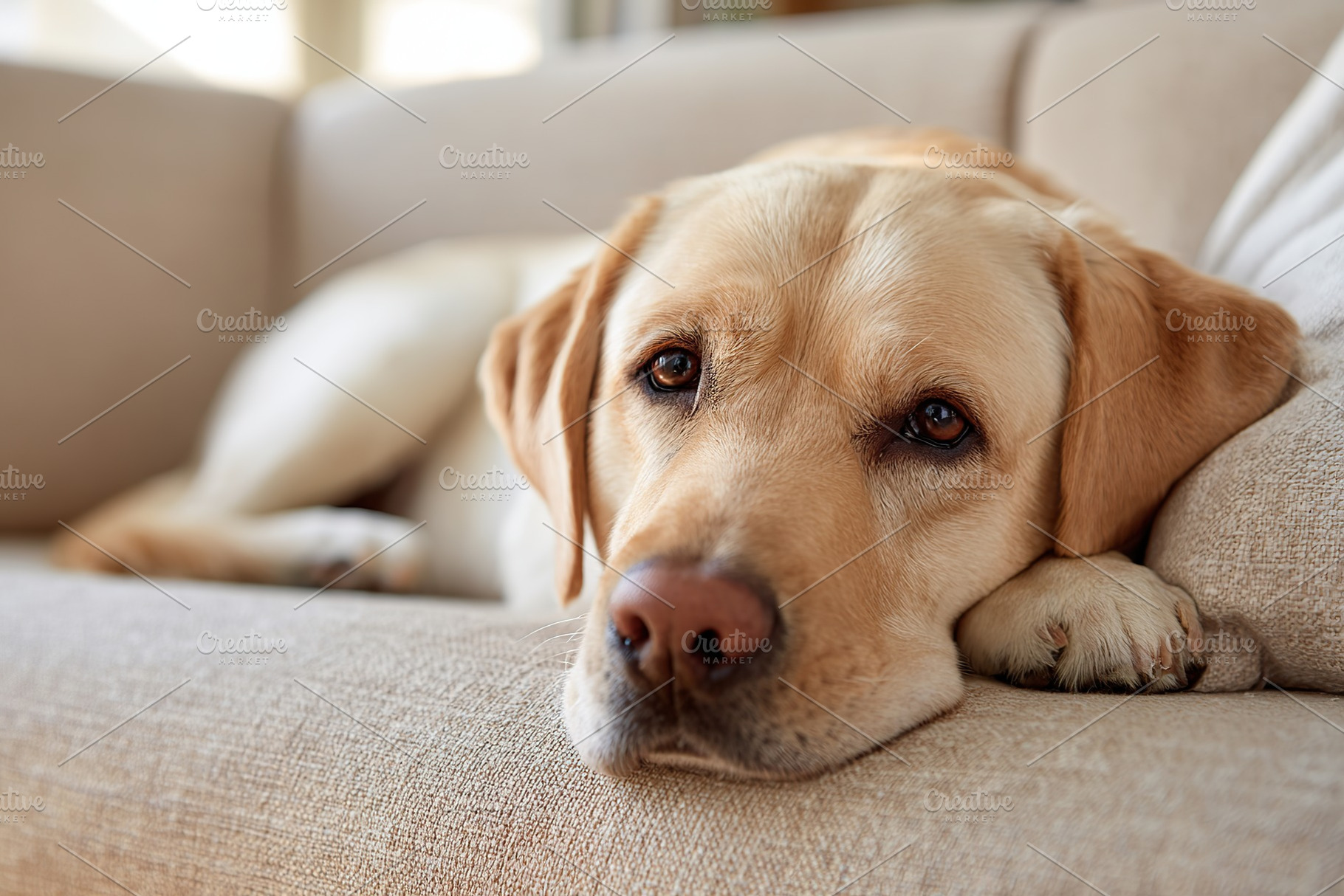 Labrador resting comfortably on a couch in a cozy living room during daytime, a Photo by AlyaAnd