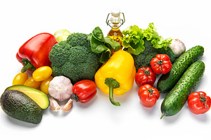 Fresh vegetables and olive oil for a healthy diet, a Food & Drink Photo by Olena Rudo