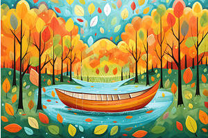 Canoe Surrounded By Autumn Colored