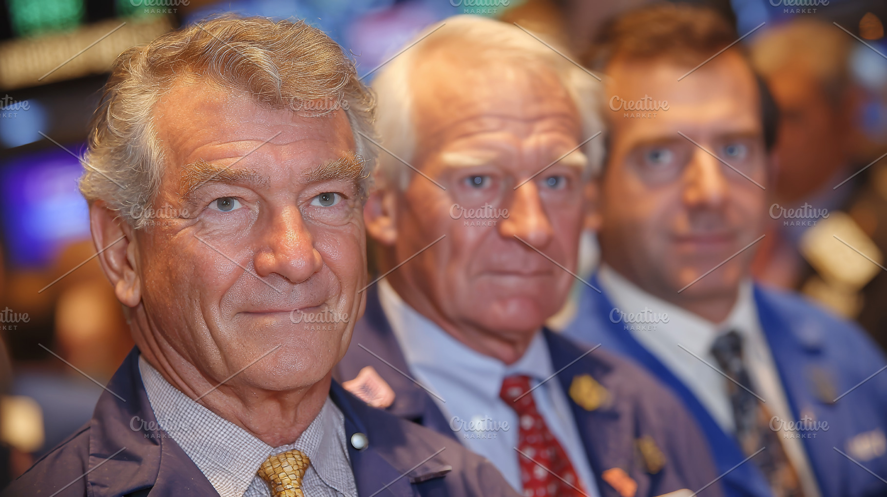Three senior traders on a busy stock market trading floor focused on finance an, a Photo by AS photostudio