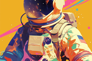 A vibrant and colorful illustration of an astronaut in a spacesuit against a br, an Arts & Entertainment Photo by Textures & Backgrounds
