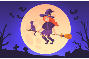 Cartoon little witch. Redhead girl, an Illustration by Stock-Smart-Start
