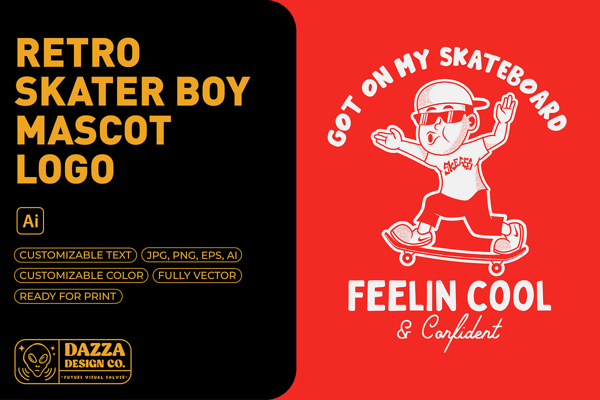 Retro Skater Boy Mascot Logo, an Illustration by Dazza Design Co. (Photo 1 of 2)