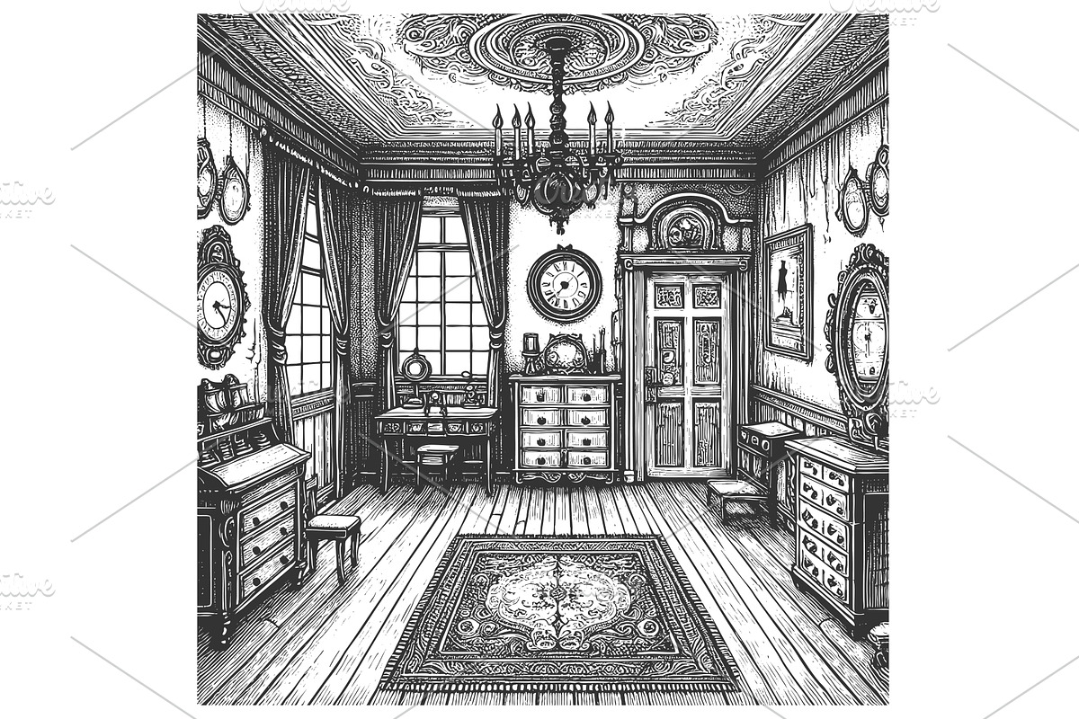 Victorian interior room vector, an Object Illustration by AlexArt