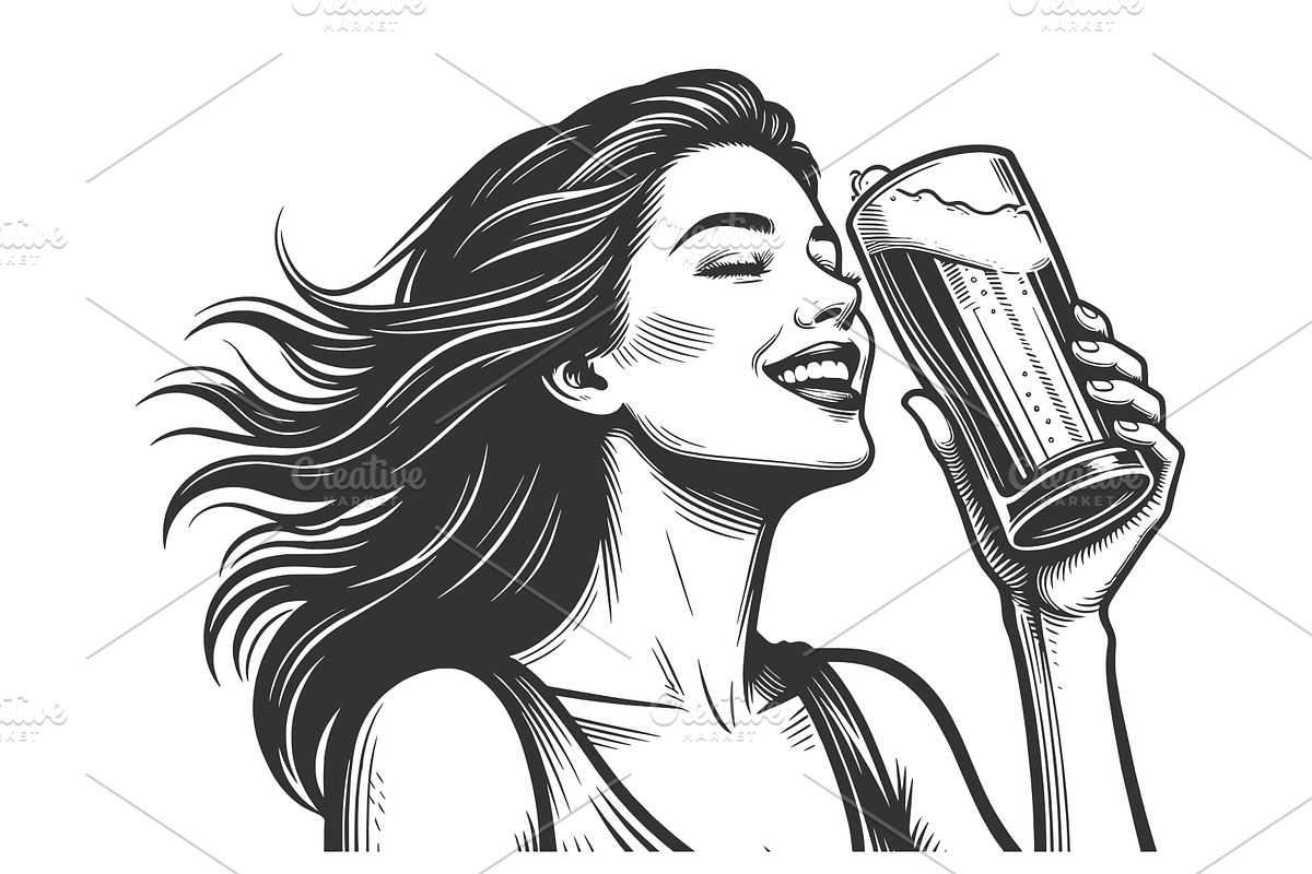 Woman Enjoying Cold Beer Drink, a Person Illustration by AlexArt