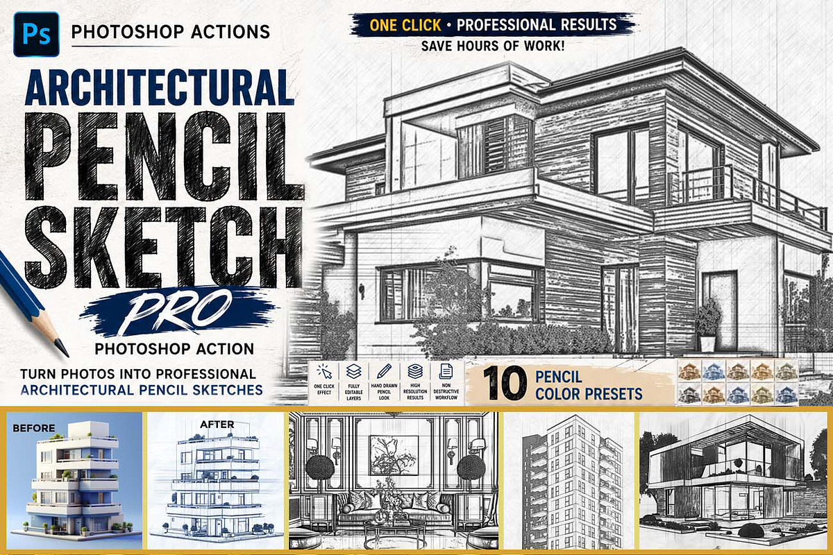 Architectural Pencil Sketch Pro, an Action Add-On by Studio Retouch (Photo 1 of 11)