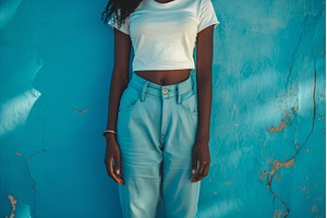 Stylish woman posing against blue, a Beauty & Fashion Photo by Ylivdesign