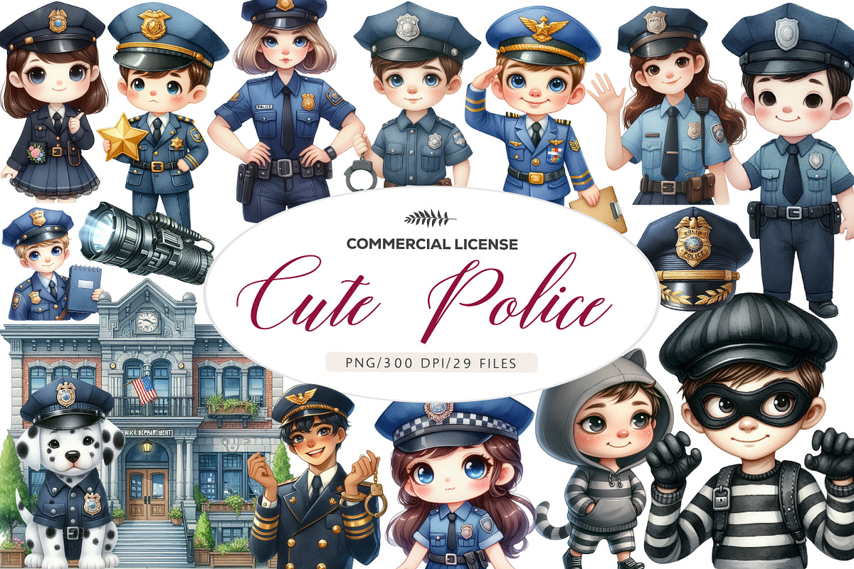 Watercolor Cute Police Clipart, an Illustration by CreationArt (Photo 1 of 5)