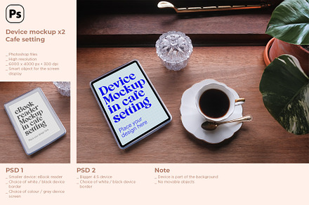 Device mockup on wooden table cafe