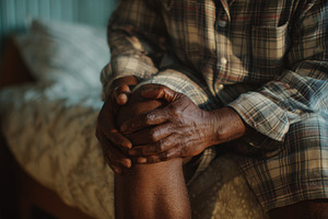 Elderly man sits on bed holding knee, a Photo by Beautiful things