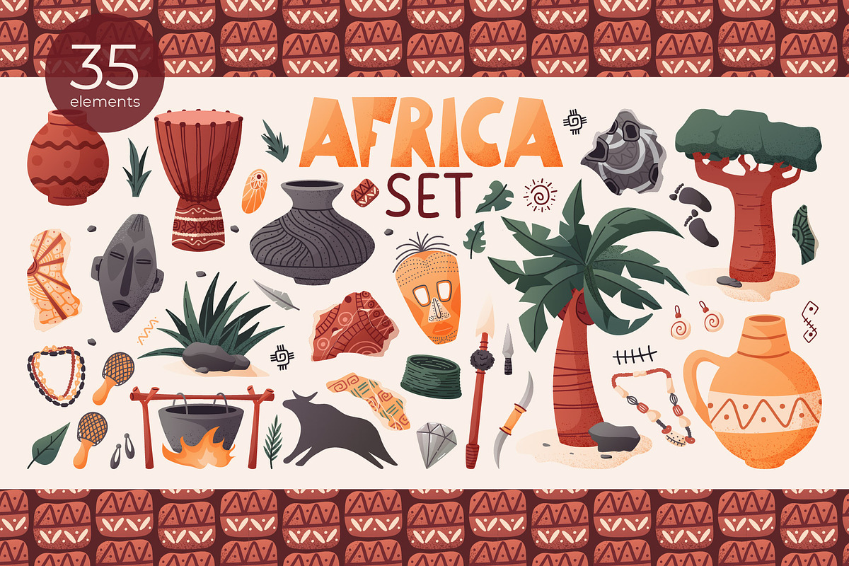 Ancient African Cartoon Vector Set, an Object Illustration by EeKayStore