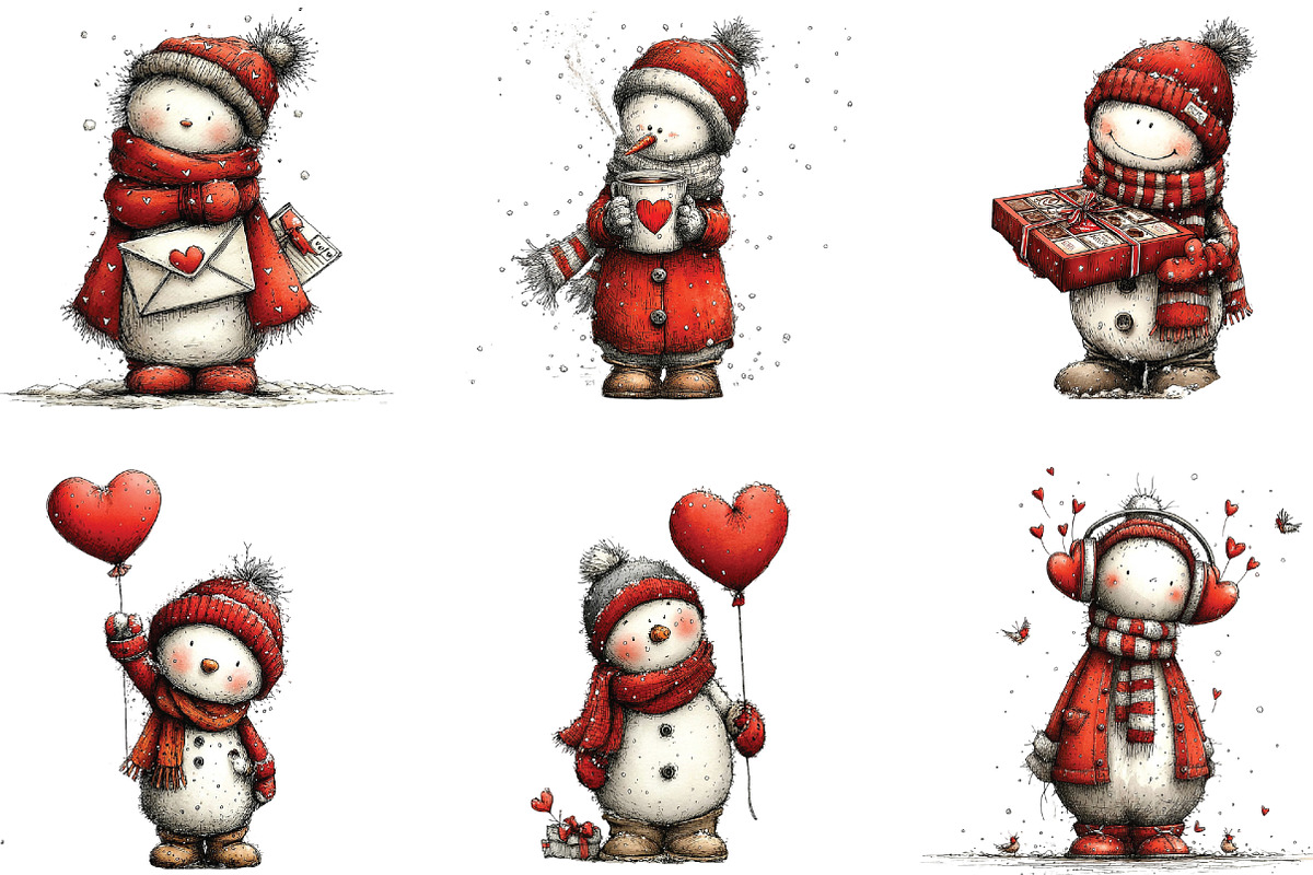 Whimsical Snowman Valentine Clipart, an Illustration by CraftArtStudio (Photo 3 of 6)