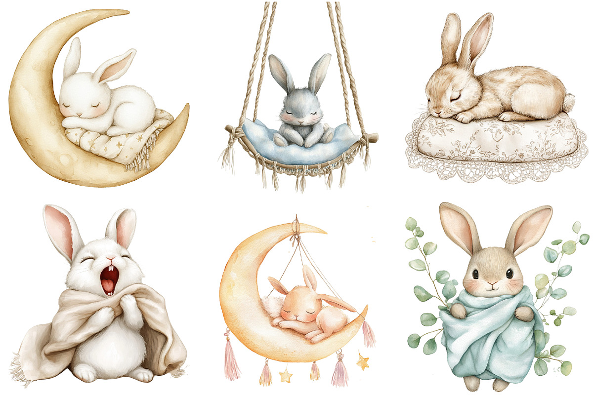 Bunny Neutral Sleeping Animals png, an Illustration by Watercolor design (Photo 2 of 5)
