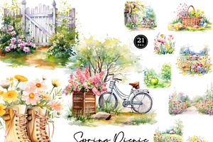 Watercolor Spring Picnic Clipart