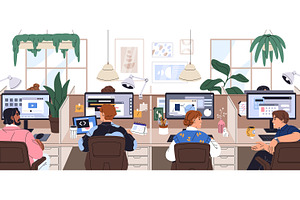 Workers at desks, open space office, a Work Illustration by PaperTrident