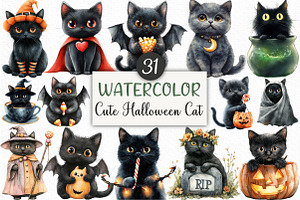 Watercolor Cute Halloween Cat, an Illustration by Craft Nest