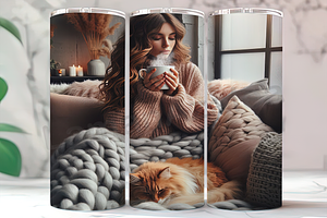 Cat & Coffee Cozy Girl Tumbler, a Background Photo by LamanAzalea