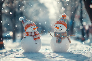 Snowman in winter clothes on park background, a Photo by AlyaAnd