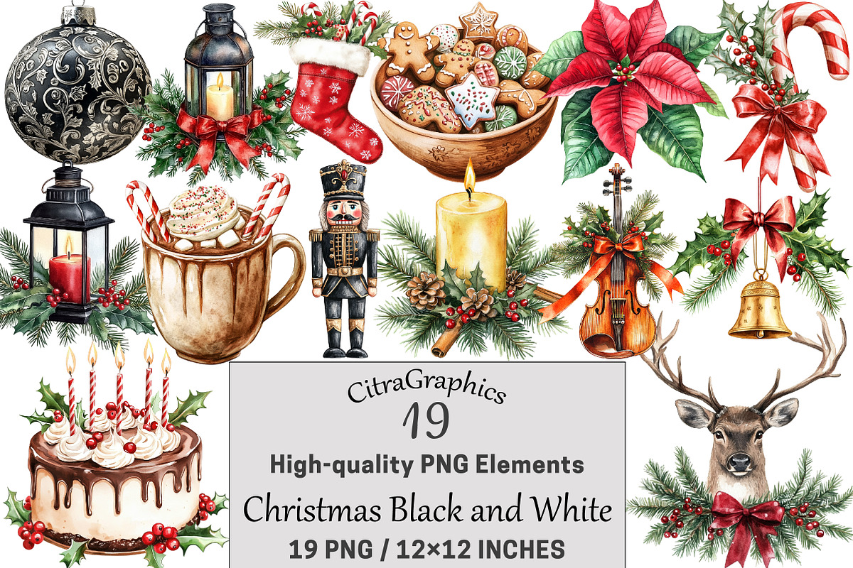 Christmas Black and White Watercolor, a Seasonal Illustration by CitraGraphics (Photo 1 of 5)