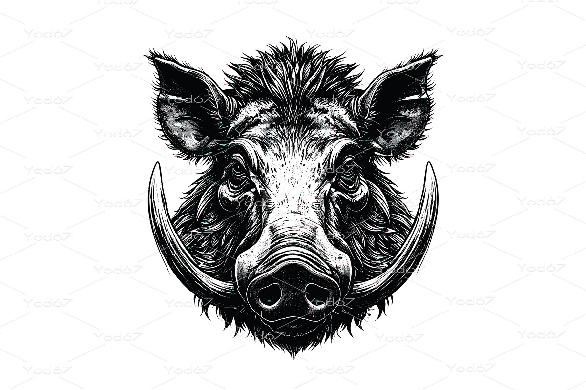 Wild Boar head with prominent tusks, an Animal Illustration by yod67