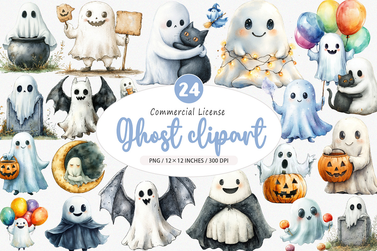 Watercolor Cute Ghost Clipart, an Illustration by SinaCreation (Photo 1 of 5)