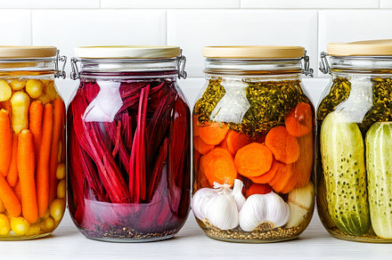 Colorful Jars of Pickled Vegetables on Display