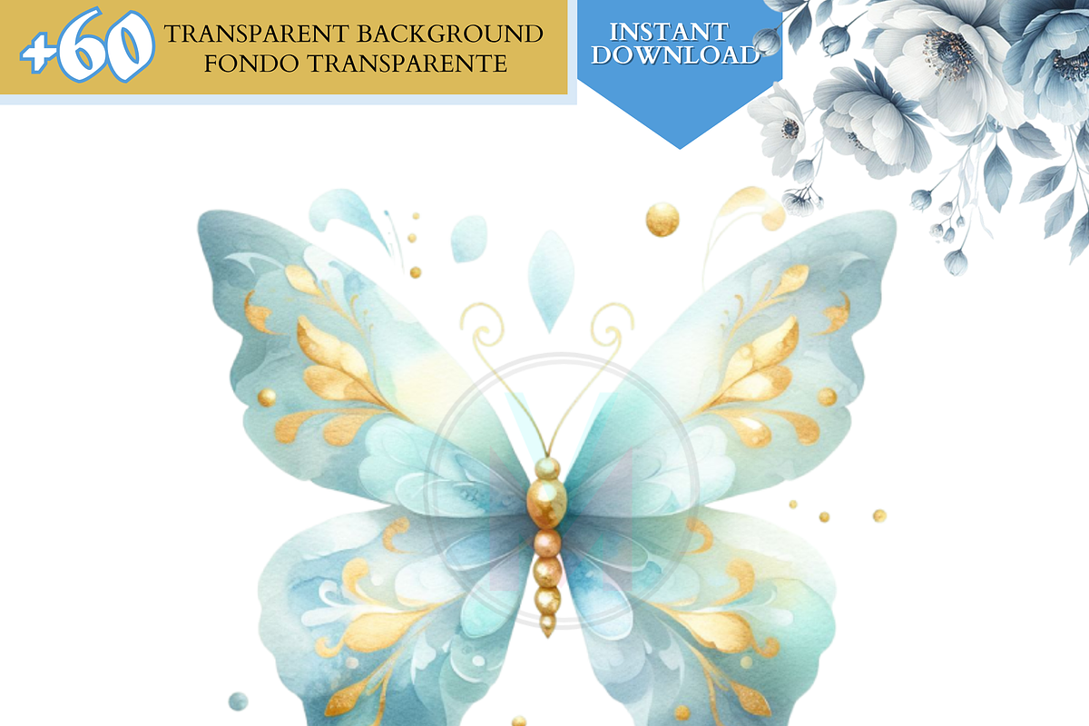 Watercolor Blue butterflies clipart, a Decorative Illustration by VM PARTYS  BY TAIRUMA (Photo 3 of 8)