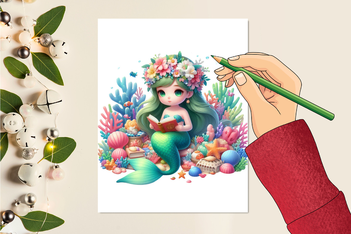 Cute Mermaid reading book Clipart, a Seasonal Illustration by Craft Nest (Photo 2 of 5)
