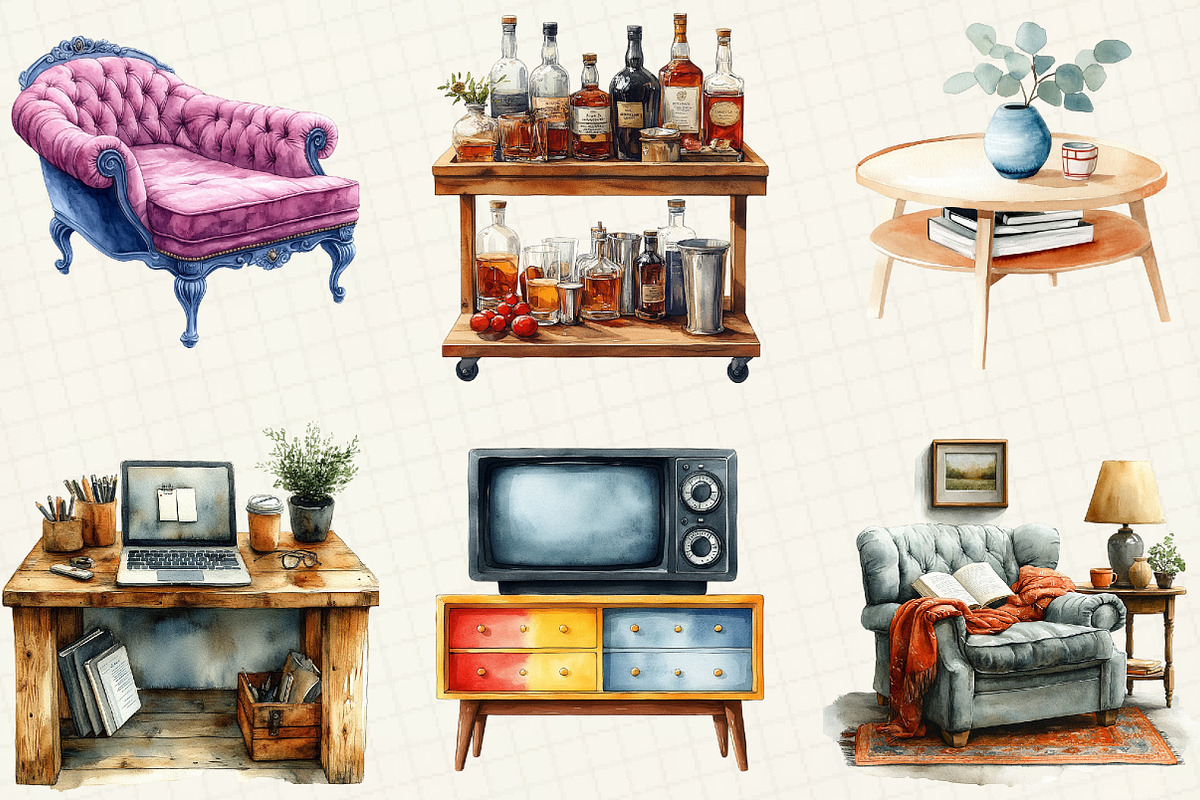 Watercolor Home Furniture Clipart, an Illustration by OK Design (Photo 5 of 5)