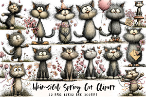 Whimsical Spring Cat Clipart, an Illustration by OK Design