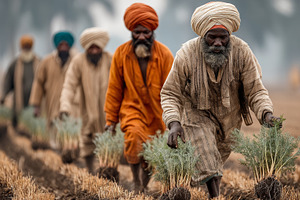 Indian farmers replanting crops in a cultivated field during a misty morning, a Photo by AS photostudio