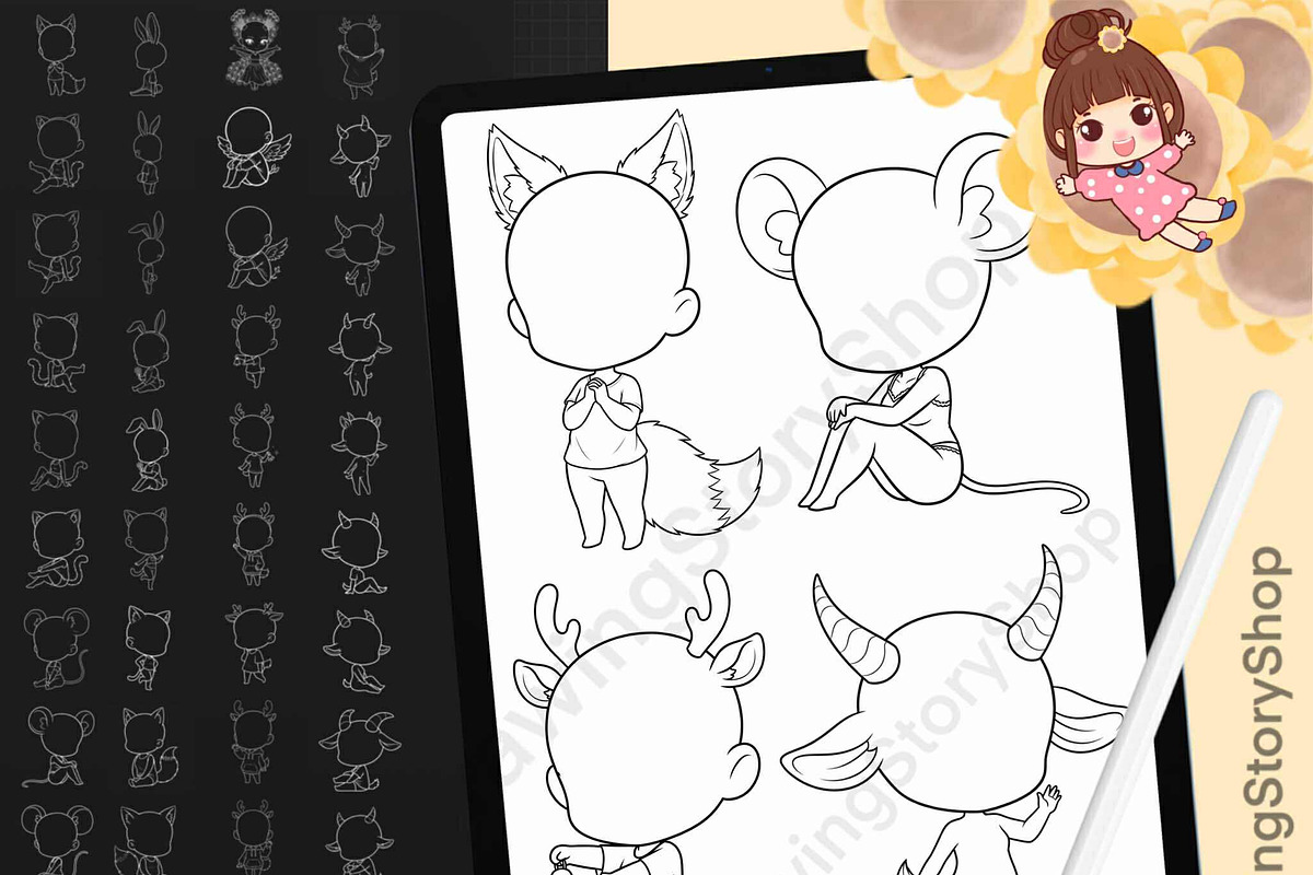 Procreate Chibi Girl Animal Stamps 2, a Brush Add-On by DrawingStoryShop (Photo 1 of 6)