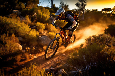 An action shot of a mountain biker speeding downhill on a rugged, a Sports & Recreation Photo by designvectx