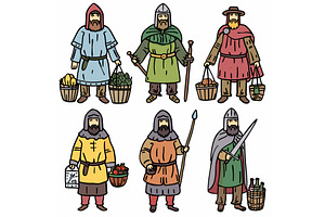 Six medieval characters, carrying, a Person Illustration by Vectorstockersland