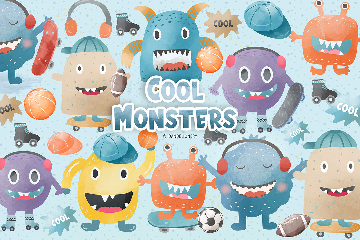 Watercolor Cool Monsters design, a Sport Illustration by designloverstudio (Photo 1 of 3)