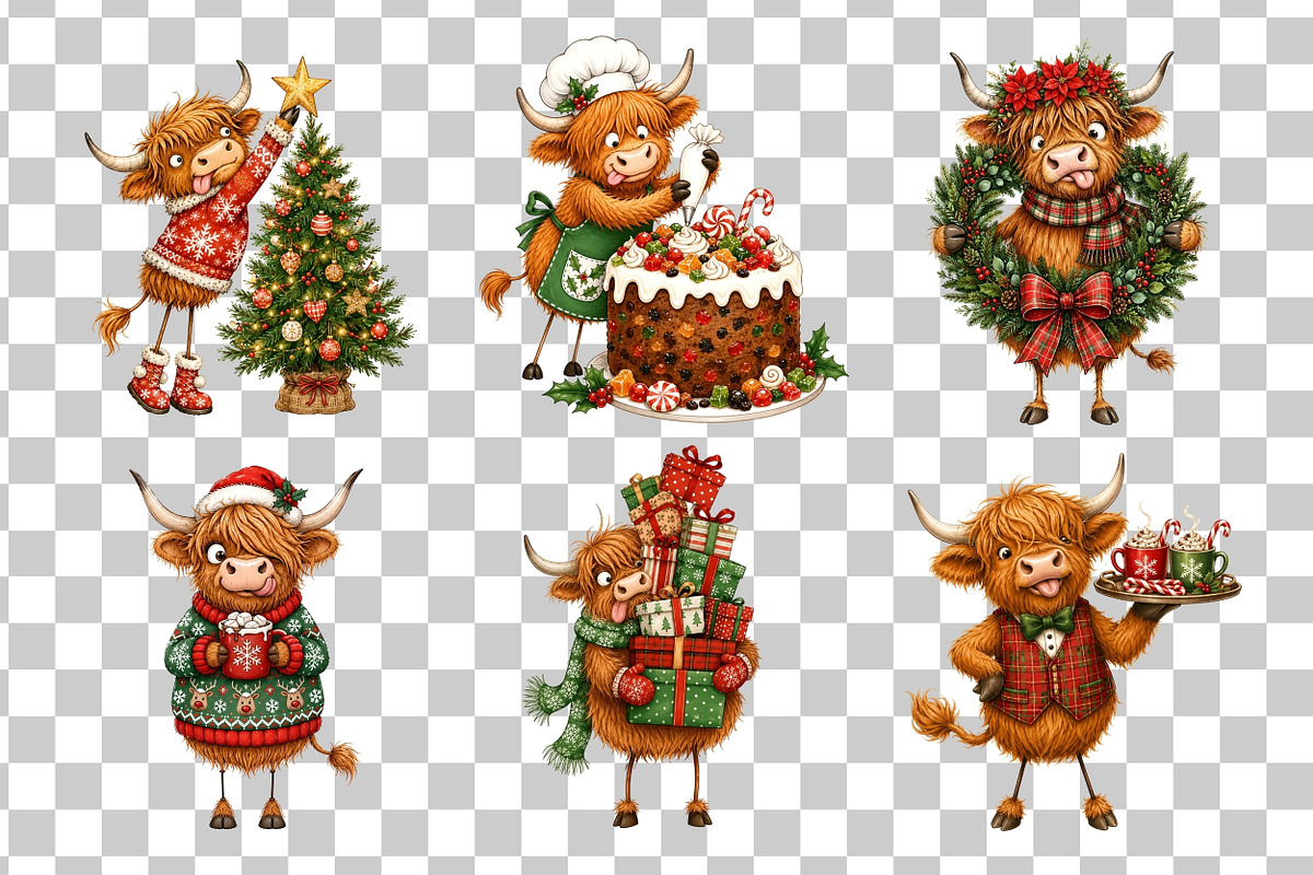Christmas Highland Cow PNG, a Seasonal Illustration by Nicolle's Colorful Art (Photo 3 of 6)