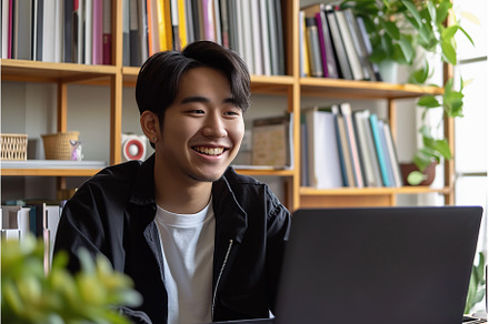 Smiling Asian Male Student Using, a School & Education Photo by Lermont51
