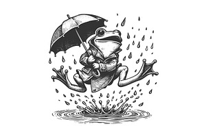 Dapper Frog Jumping with Umbrella in, an Animal Illustration by AlexArt