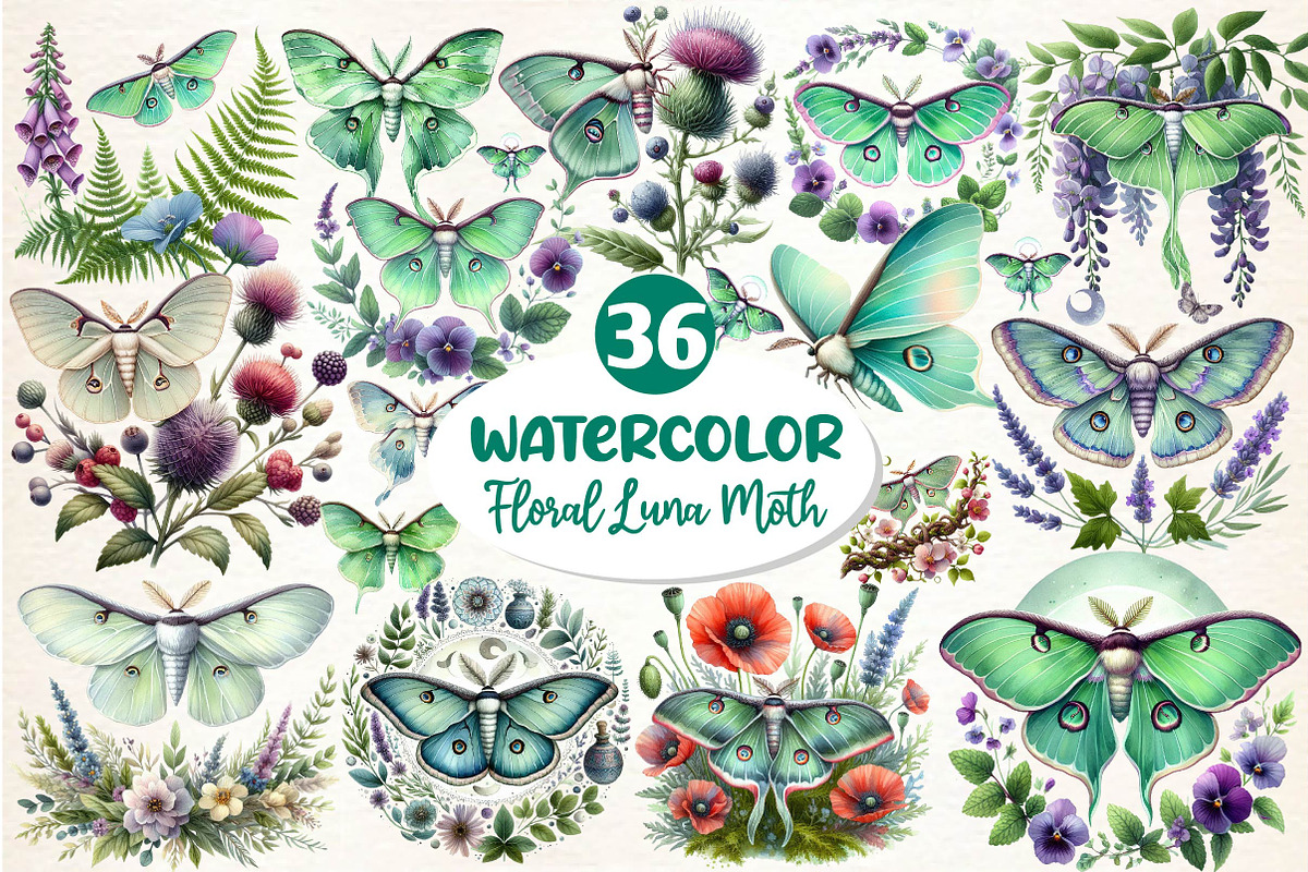 Botanical Floral Luna Moth Clipart, an Illustration by Dream Creation (Photo 1 of 4)