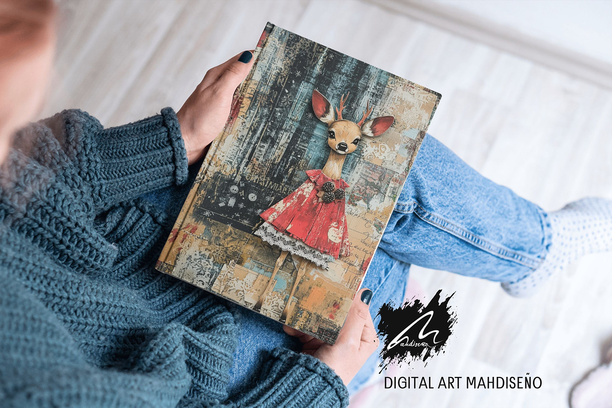 Cute Xmas Deer, Shabby Journal Pages, a Seasonal Illustration by Digital Art Mahdiseño (Photo 9 of 10)