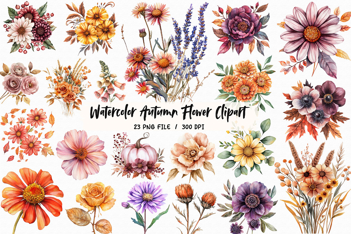 Watercolor Autumn Flower Clipart, an Illustration by Libby Wishes (Photo 1 of 5)