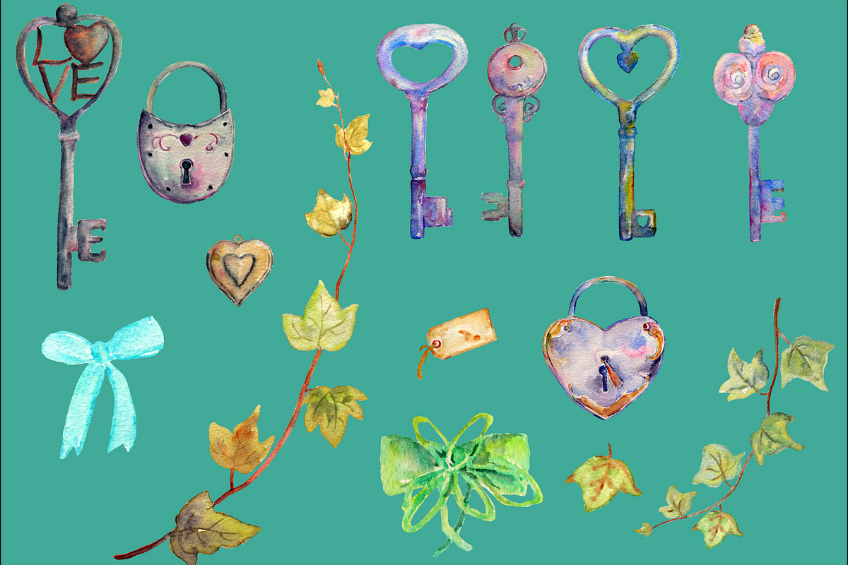 Watercolor Vintage Lock Key Heart