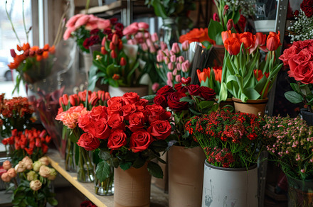 Bright bouquets of red roses and tul, a Photo by Tanuart