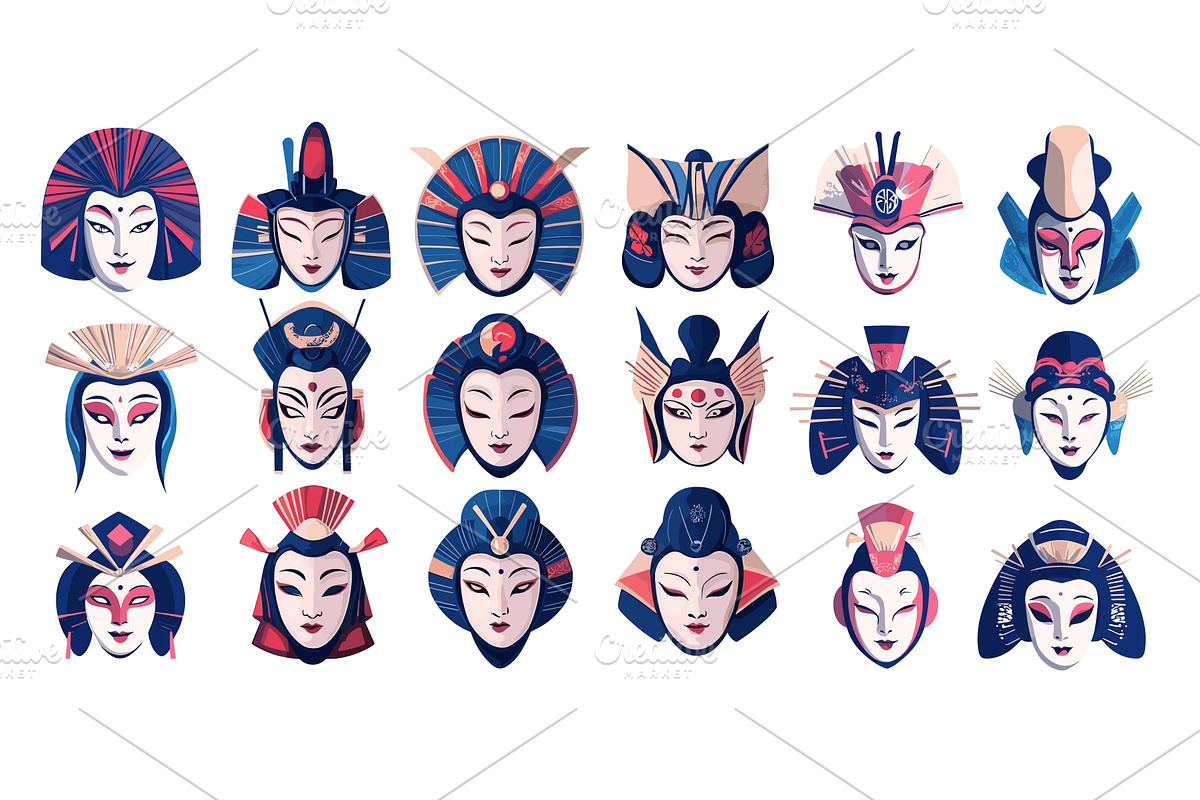 Japan asian masks cartoon vector set, an Object Illustration by Valerie Bodnar